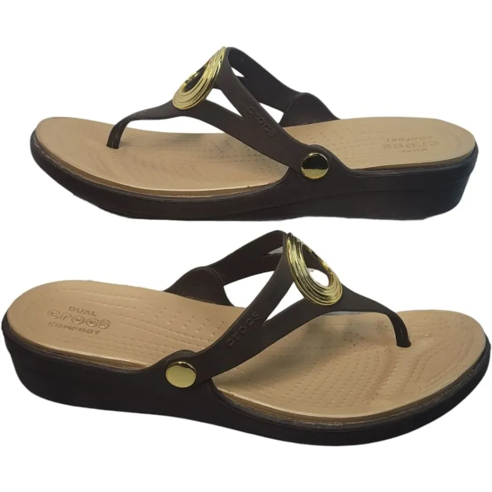 Crocs Sanrah Brown Thong Flip Flop Wedge Sandals Shoes Women's 11